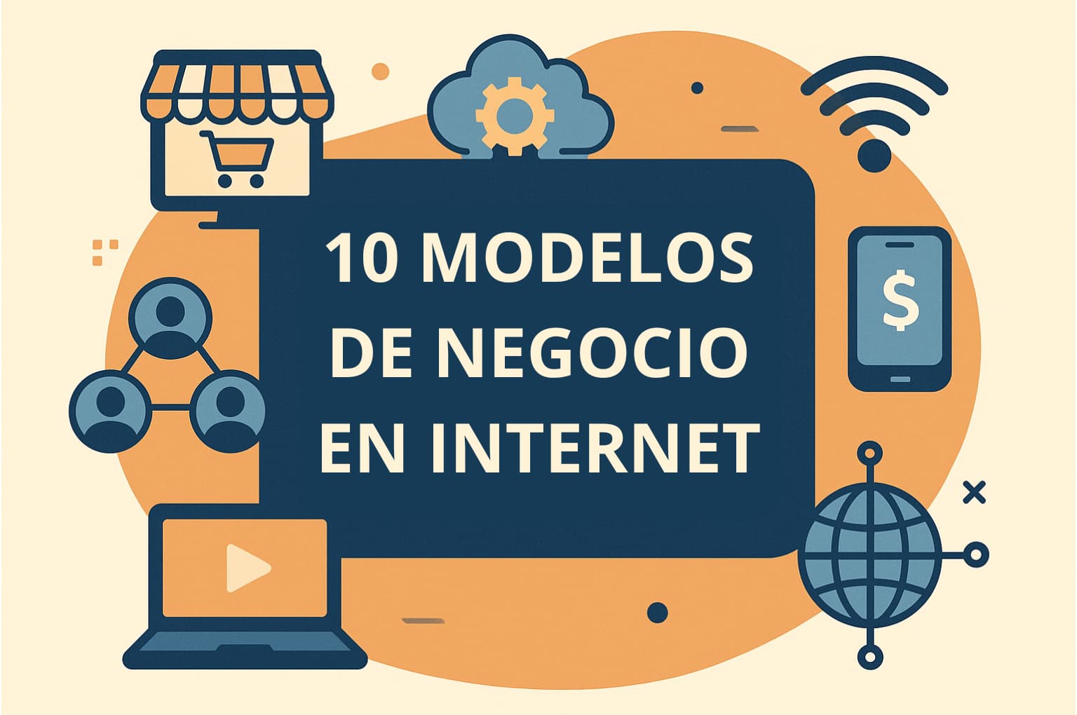 10 modelos de negocio en internet Ilustración sobre los 10 modelos de negocio en internet más rentables, con iconos de ecommerce, redes sociales, criptomonedas, diseño web y marketing digital