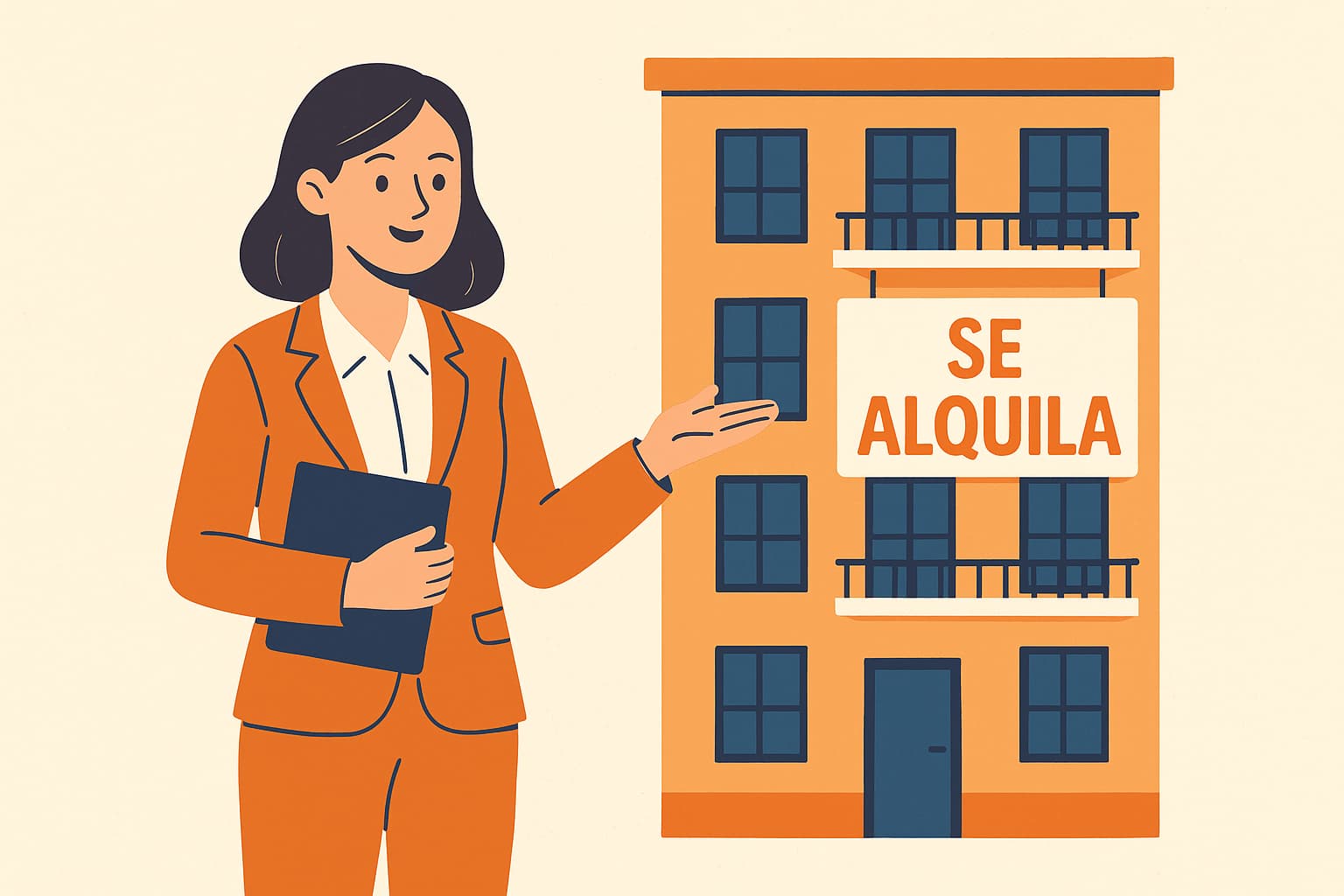 Alquilar mi piso en 2025 imagen destacada con agente inmobiliaria y cartel de alquiler Ilustración de mujer agente inmobiliaria junto a un edificio con cartel “Se alquila”, representando el proceso de alquilar mi piso en 2025