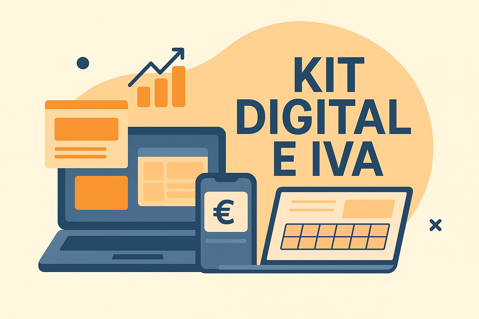 IVA del Kit Digital Ilustración empresarial con ordenador, móvil y gráficos digitales que representa el IVA del Kit Digital y su impacto fiscal para autónomos y pymes