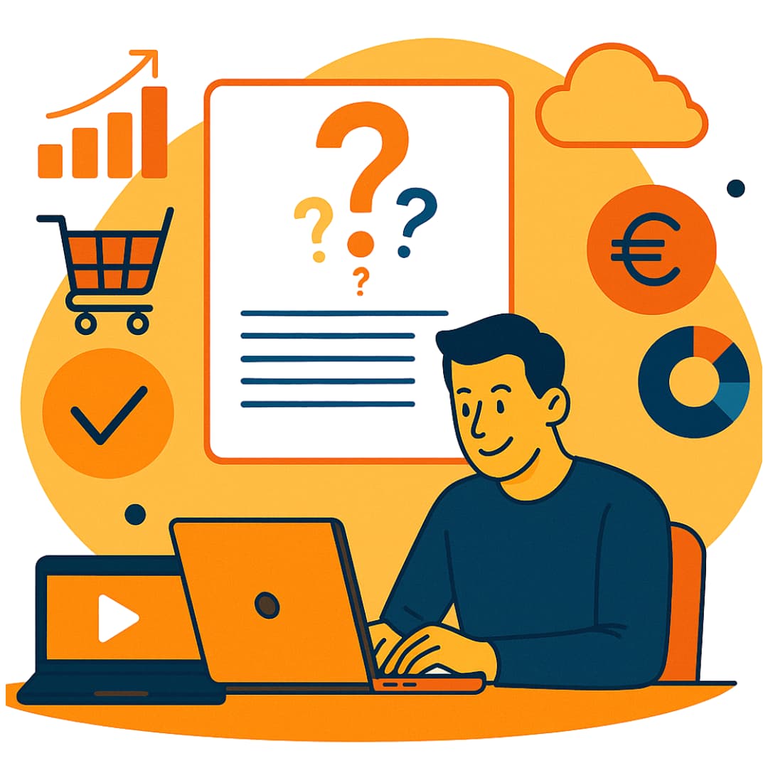 Ilustración de emprendedor digital frente a ordenador explorando modelos de negocio online Emprendedor frente a un ordenador investigando modelos de negocio en internet, rodeado de iconos de comercio electrónico, nube, finanzas y analítica digital