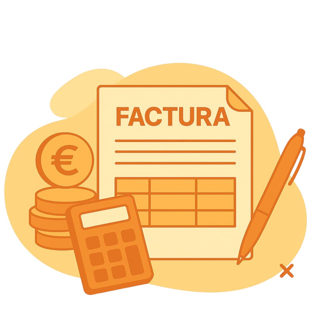 Ilustración de estilo plano con elementos de una plantilla factura simplificada: factura, calculadora, monedas y bolígrafo.