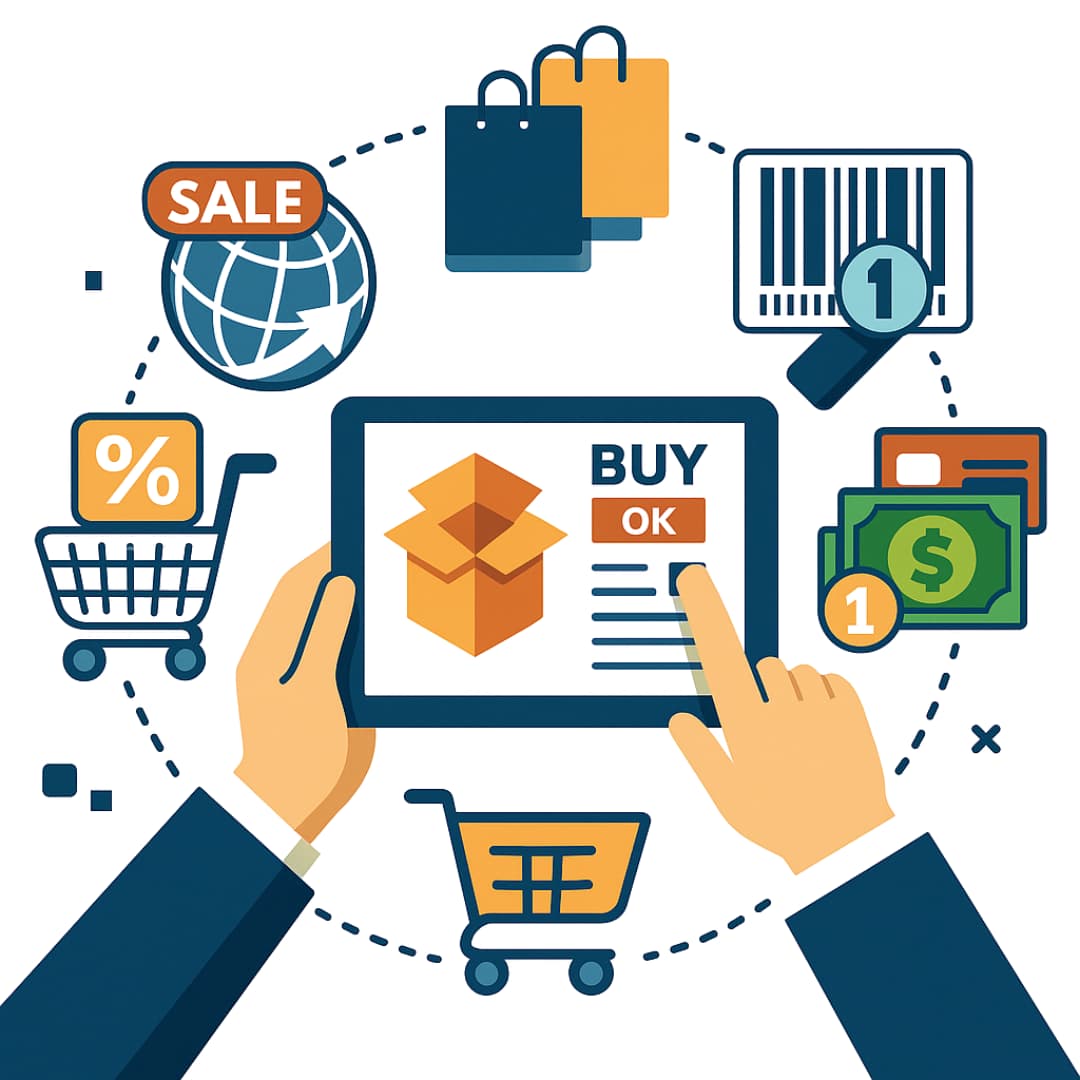 Ilustración de modelos de negocio en internet inspirada en comercio digital Diseño digital con iconos de ecommerce, pagos online, envíos, descuentos y compras, representando la estructura visual de modelos de negocio en internet