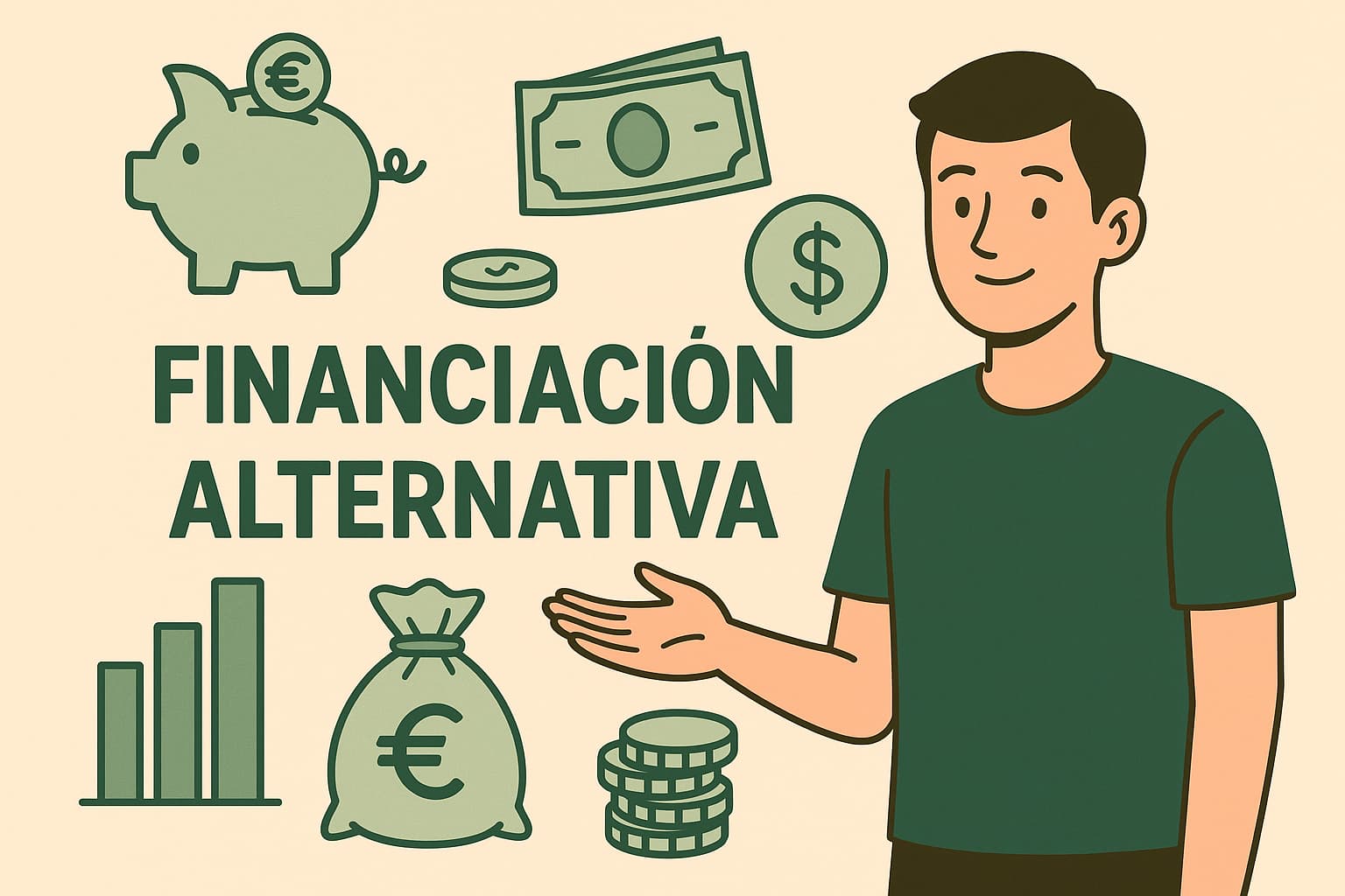 Imagen sobre financiación alternativa con elementos gráficos de dinero y crecimiento económico Ilustración de un emprendedor con símbolos de dinero que representan opciones de financiación alternativa