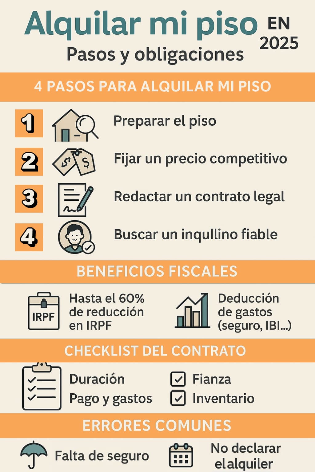 Infografía Alquilar mi piso en 2025 – Pasos clave y obligaciones legales Resumen visual con los pasos, beneficios fiscales, checklist de contrato y errores comunes al alquilar mi piso en 2025