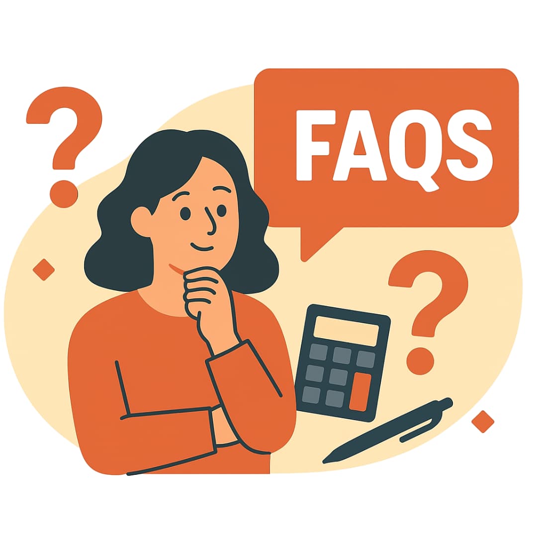 Preguntas frecuentes sobre plantilla factura simplificada Ilustración con una mujer pensativa, calculadora y signos de interrogación sobre fondo beige, para sección de preguntas sobre plantilla factura simplificada