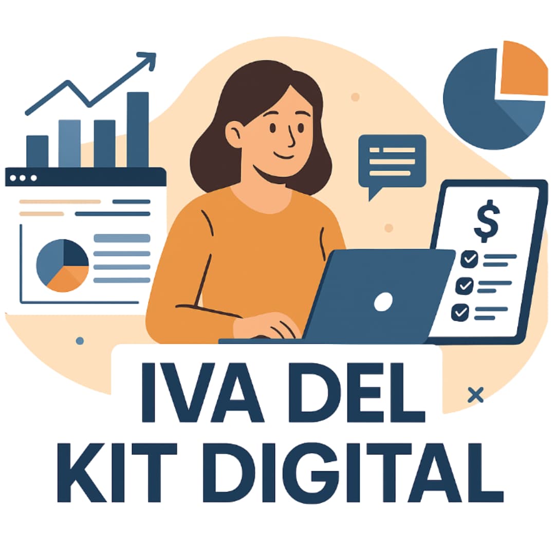 mujer portatil iva del kit digital Mujer trabajando con portátil rodeada de gráficos y documentos digitales, representando el IVA del Kit Digital para autónomos y pequeñas empresas