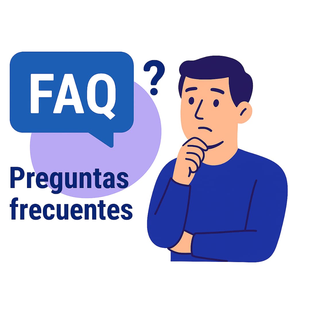 Ilustración de estilo moderno con burbuja FAQ y persona pensativa, para la sección de preguntas frecuentes sobre el uso de Revolut con IBAN español ante Hacienda